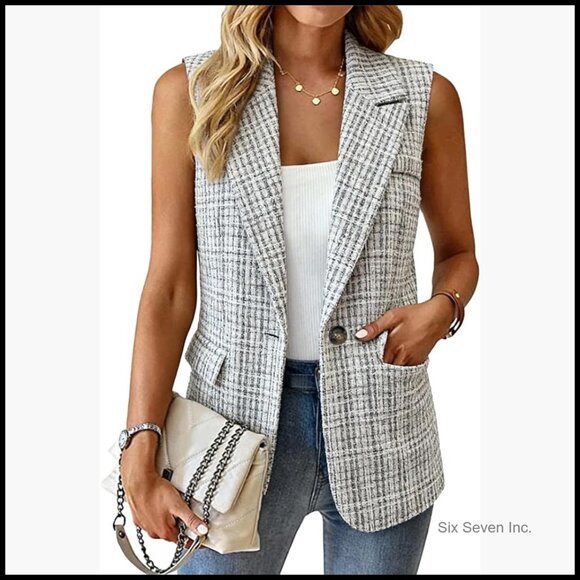 Polyester Sleeveless Blazer Vest Open Front Work Office Casual